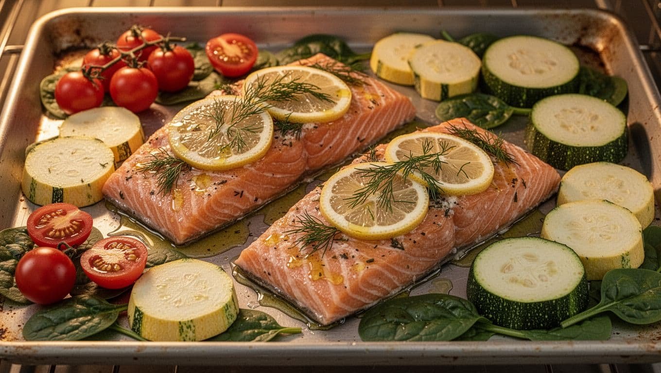 Two skin-on salmon fillets topped with dill and lemon slices on a sheet pan surrounded by halved cherry tomatoes, sliced squash, zucchini halves, and baby greens glistening with olive oil.