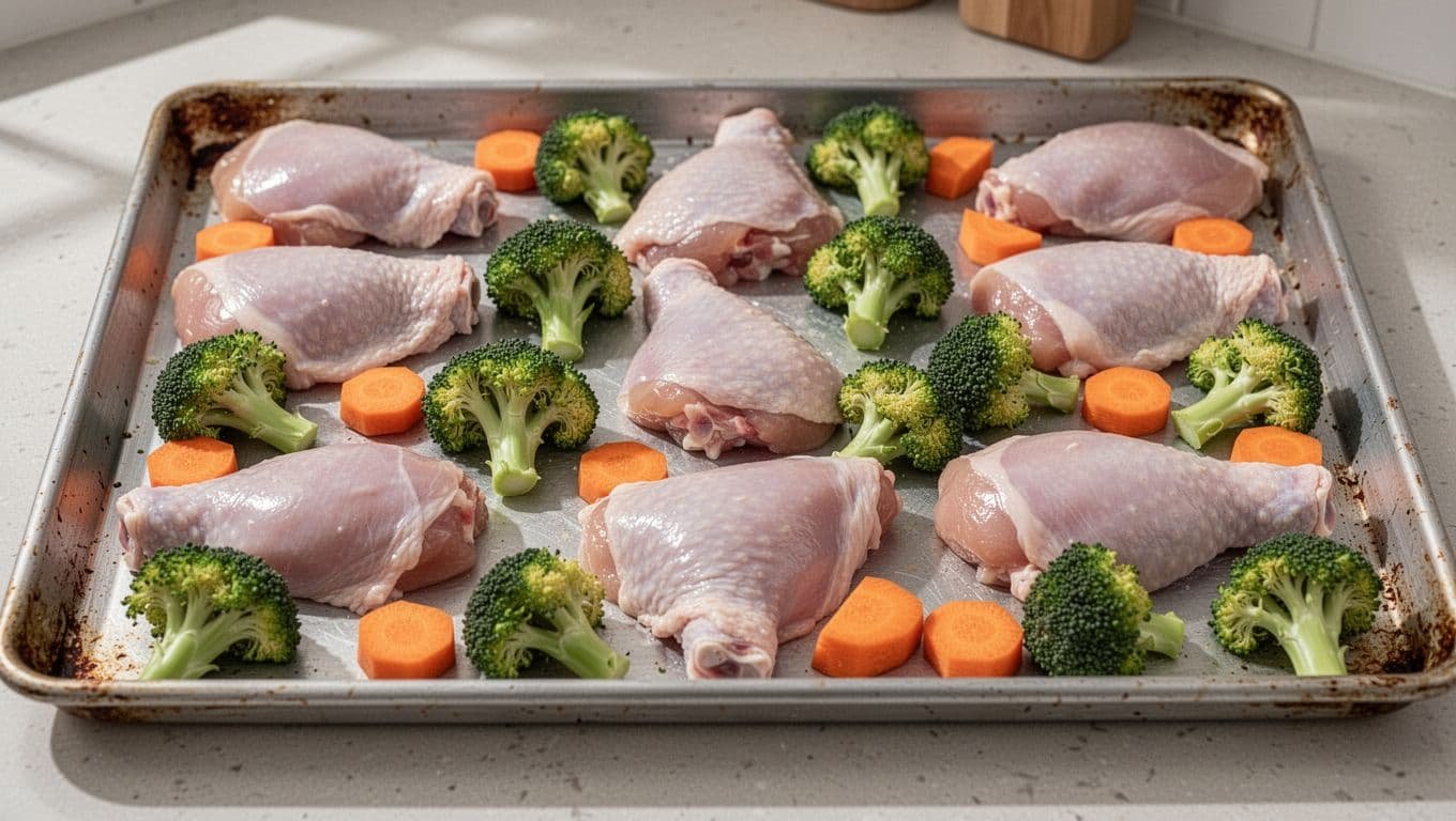 Sheet pan on kitchen counter with raw chicken thighs, broccoli florets, and carrot chunks evenly spaced.