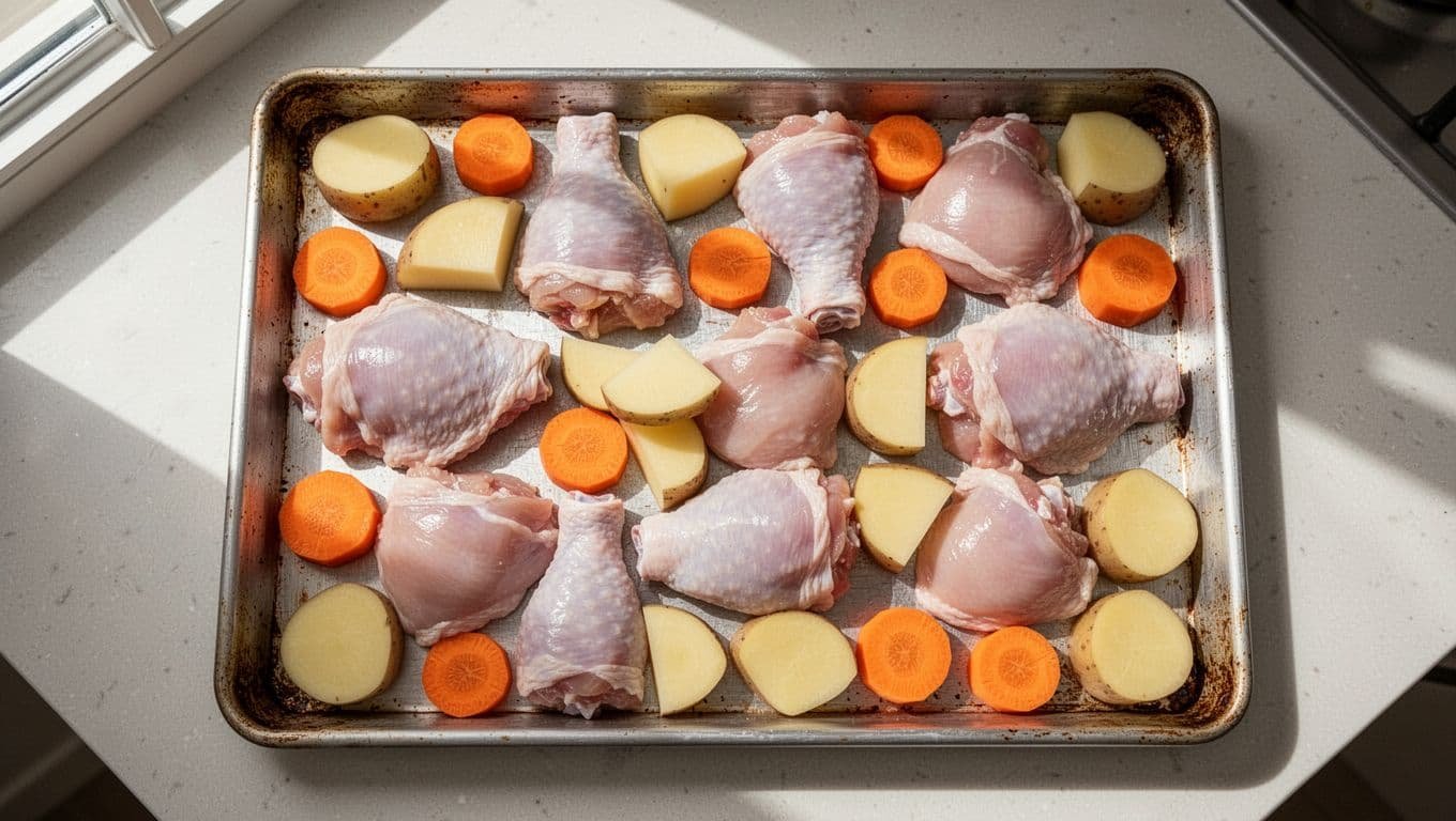 Sheet pan on counter with raw chicken thighs, potato chunks, and carrot pieces, all uniformly cut and spaced for oven.