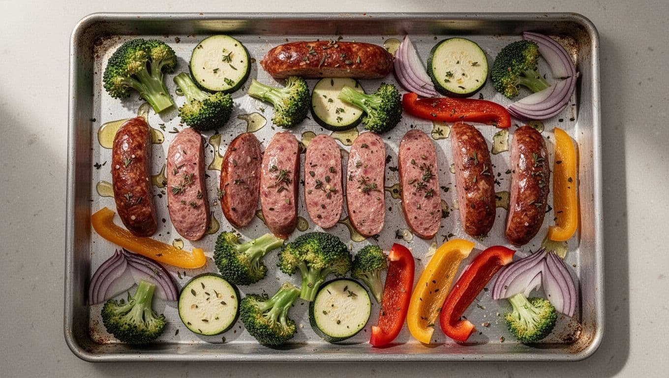 Top-down view of baking sheet with sliced smoked sausages, broccoli florets, zucchini slices, bell pepper strips, red onion wedges, drizzled in oil and herbs.