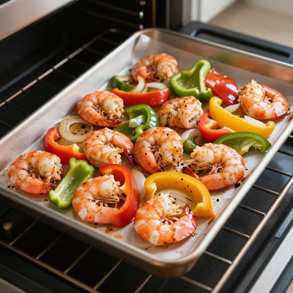A top-down view of raw shrimp, sliced bell peppers, and onions arranged on a baking sheet inside an oven.