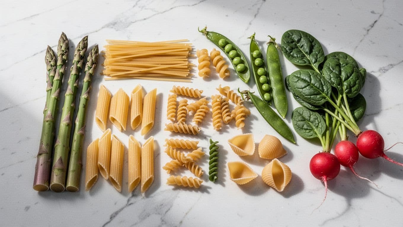 Uncooked penne, fusilli, rotini, and conchiglie on white marble next to asparagus, pea pods, spinach, and radishes.