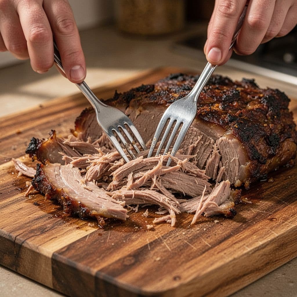 Two metal forks pull apart tender, slow-cooked pork on a rustic wooden cutting board.