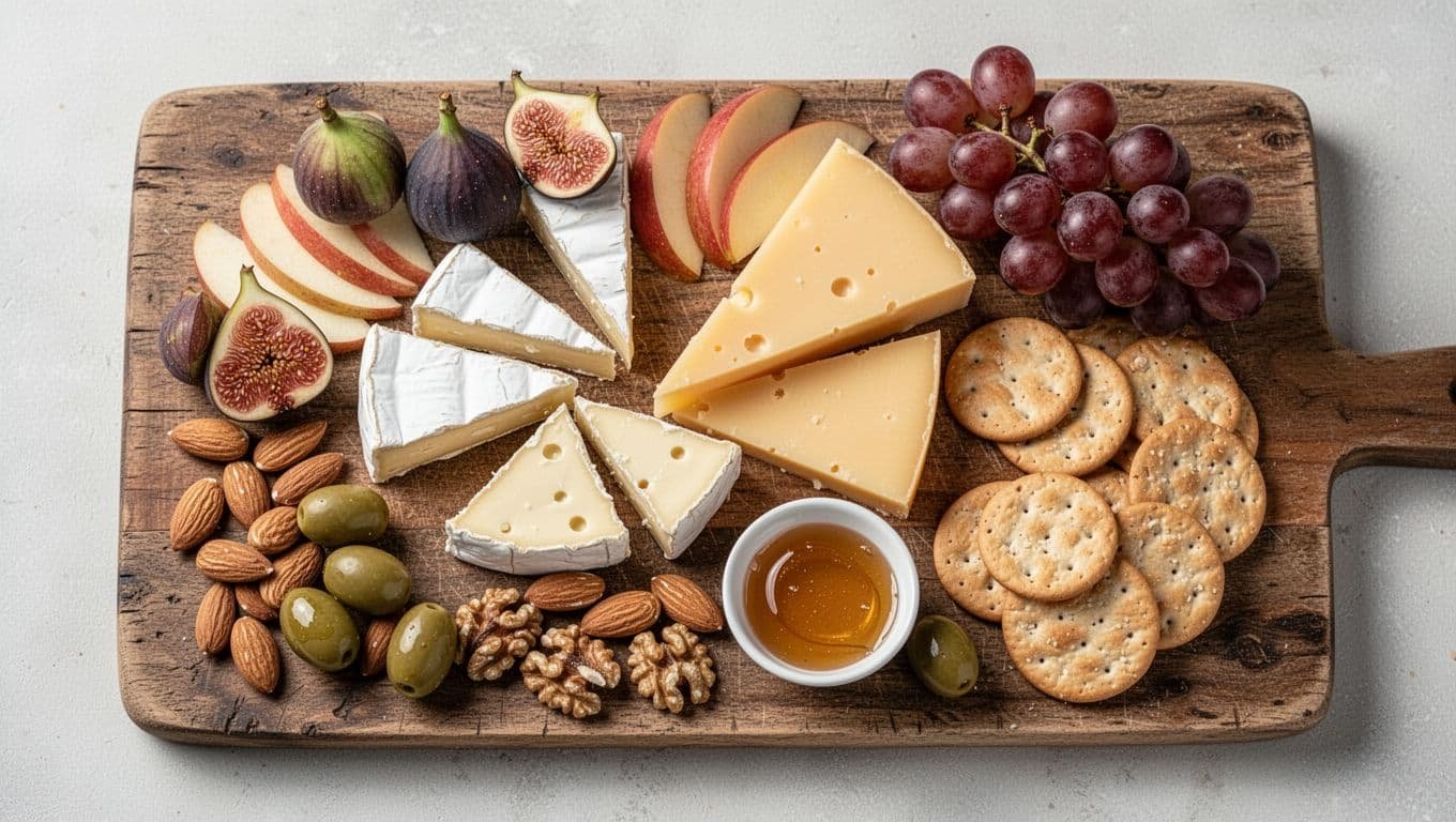 Overhead view of wooden cheese board with brie, gouda, cheddar wedges, red grapes, figs, apple slices, almonds, walnuts, olives, crackers, and honey.