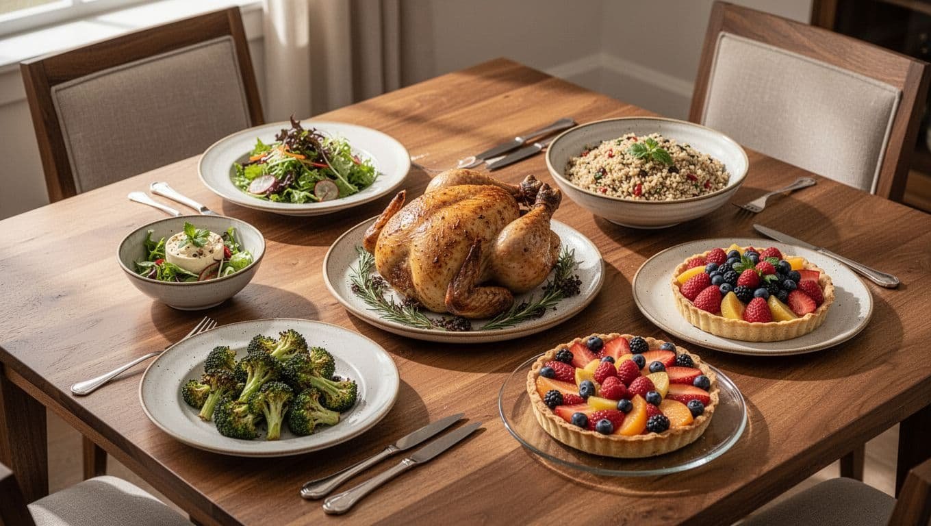 Top-down view of wooden table with salad bowl, roasted chicken platter, grain bowl, roasted broccoli, fruit tart, candles, and wine glasses.