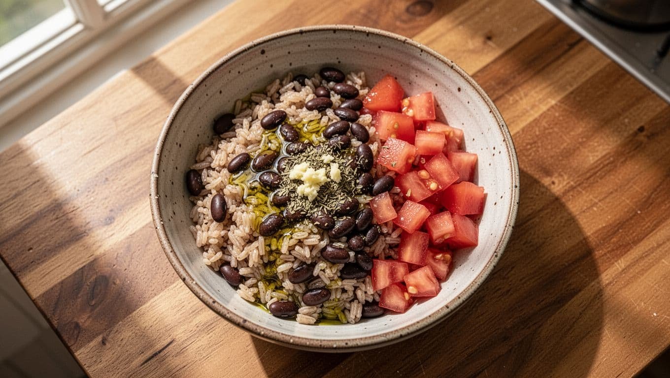 Top-down view of a single bowl on wooden table with brown rice, black beans, diced tomatoes, olive oil, garlic, and dried herbs.