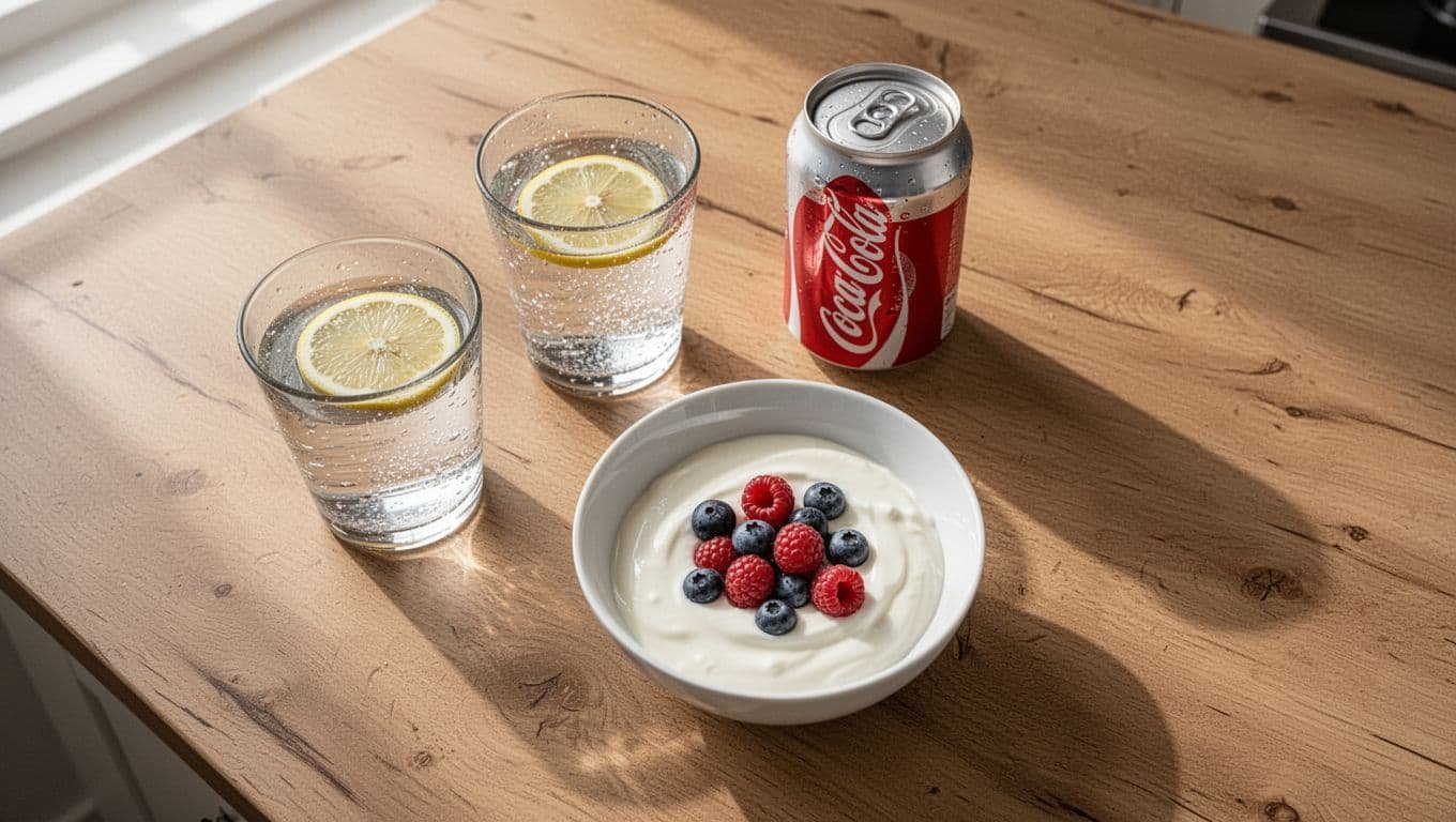Top-down wooden table view pairs sparkling water with lemon by empty soda can, plain yogurt with berries by flavored yogurt cup, almonds and apple slices by chips bag.