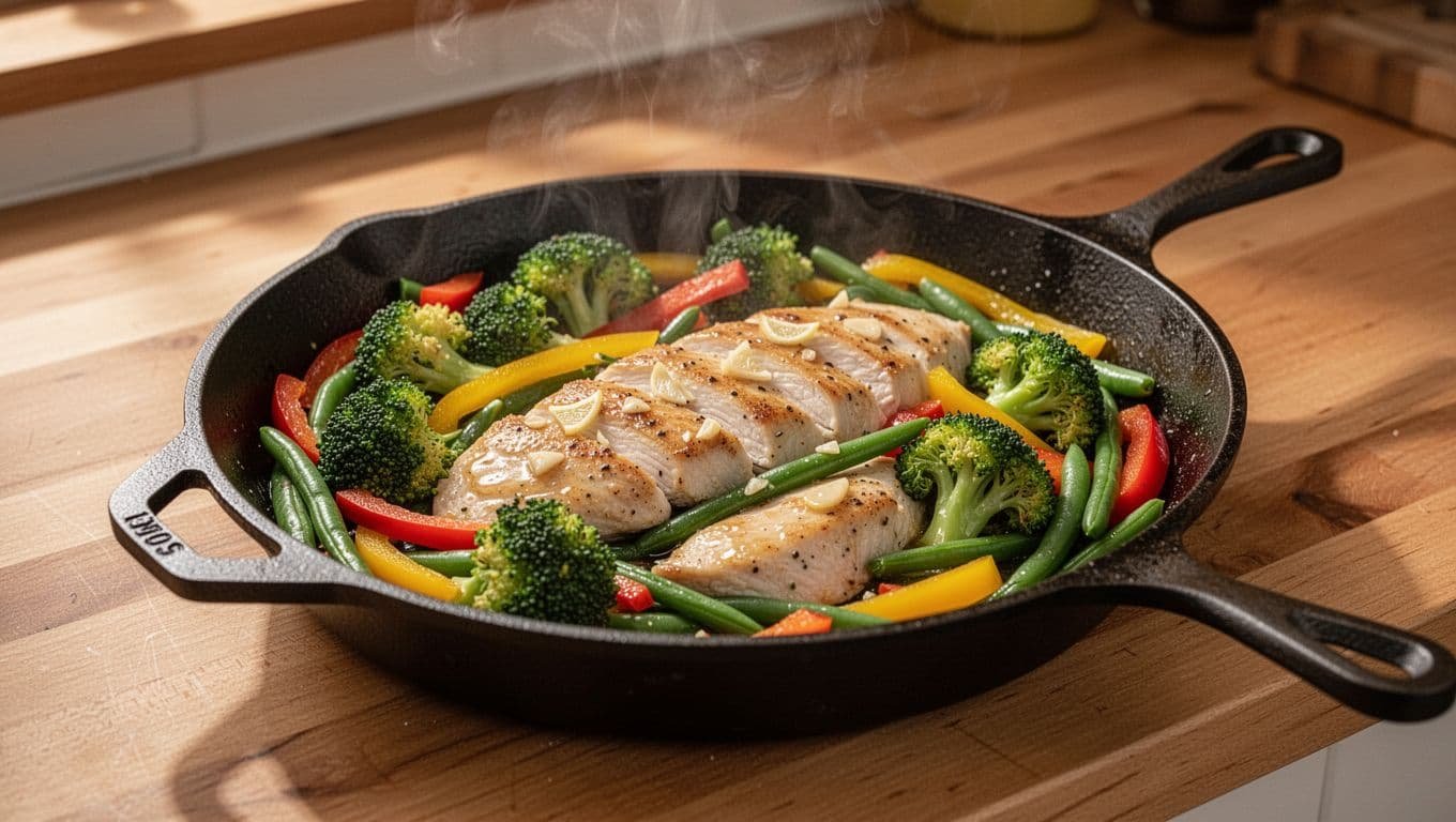 Cast iron skillet on wooden counter filled with sliced chicken breasts, broccoli florets, bell pepper strips, green beans in glossy garlic lemon sauce, steam rising.