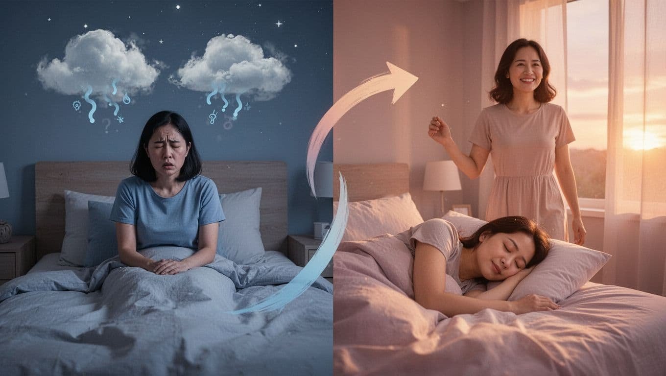 Split scene shows stressed person awake in bed at night with worry bubbles on left, sleeping peacefully and waking happy in morning light on right, linked by curved arrows.