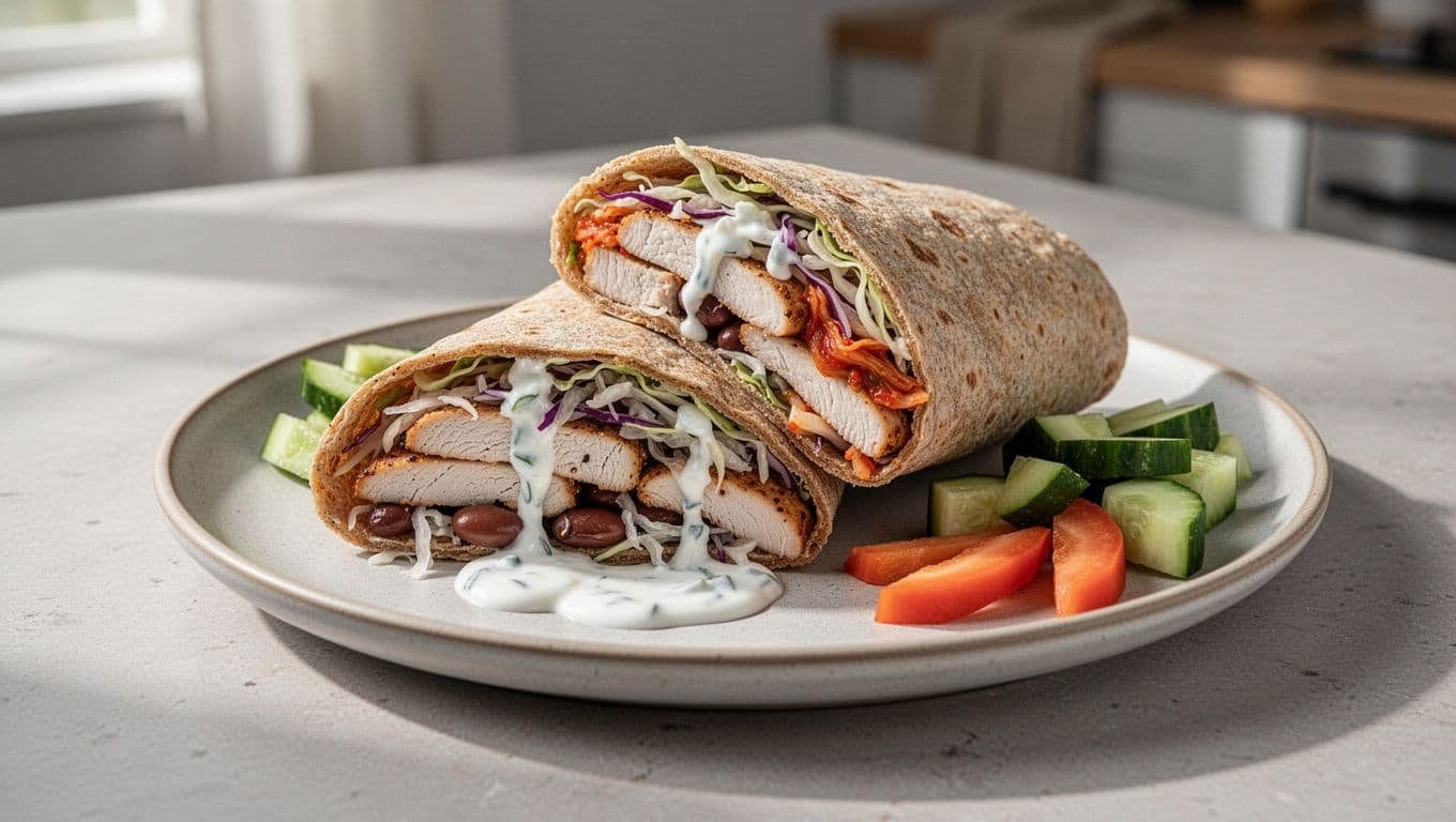 Sliced whole-grain wrap filled with chicken, beans, sauerkraut, kimchi, cabbage slaw, and yogurt drizzle on plate with veggies.