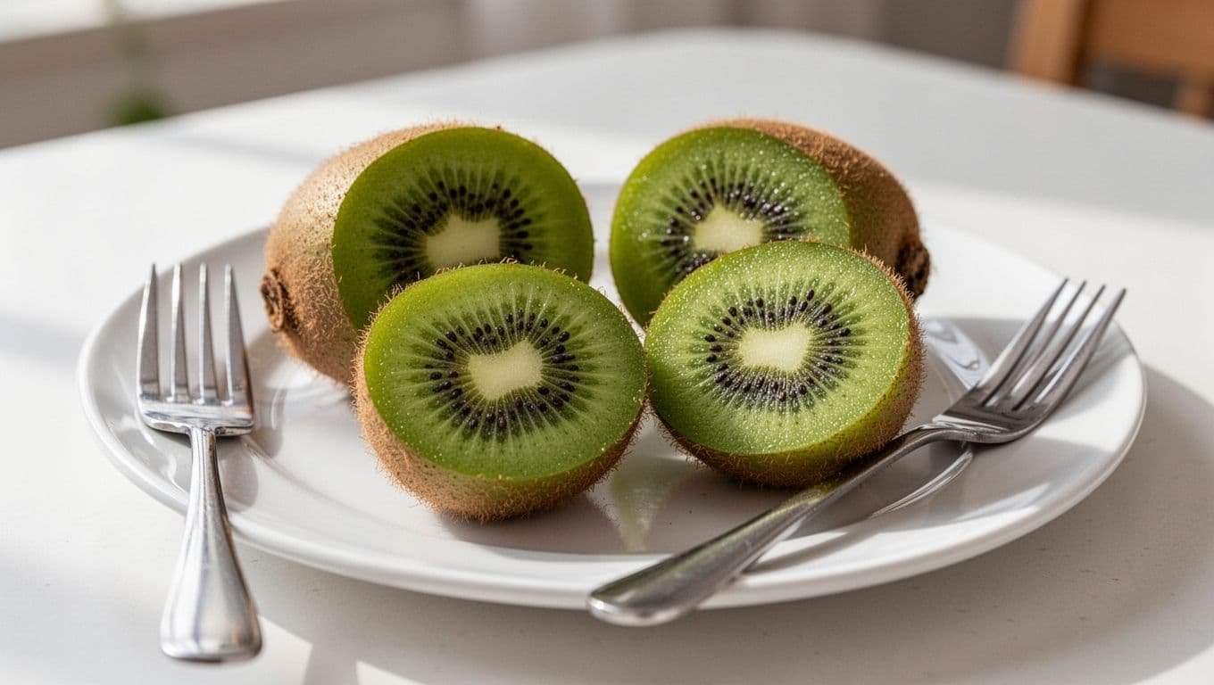 Sliced green kiwis revealing flesh and seeds on a white plate with fork on kitchen table.