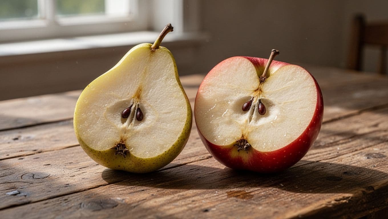 Sliced pear revealing core and halved red apple on rustic wooden table.