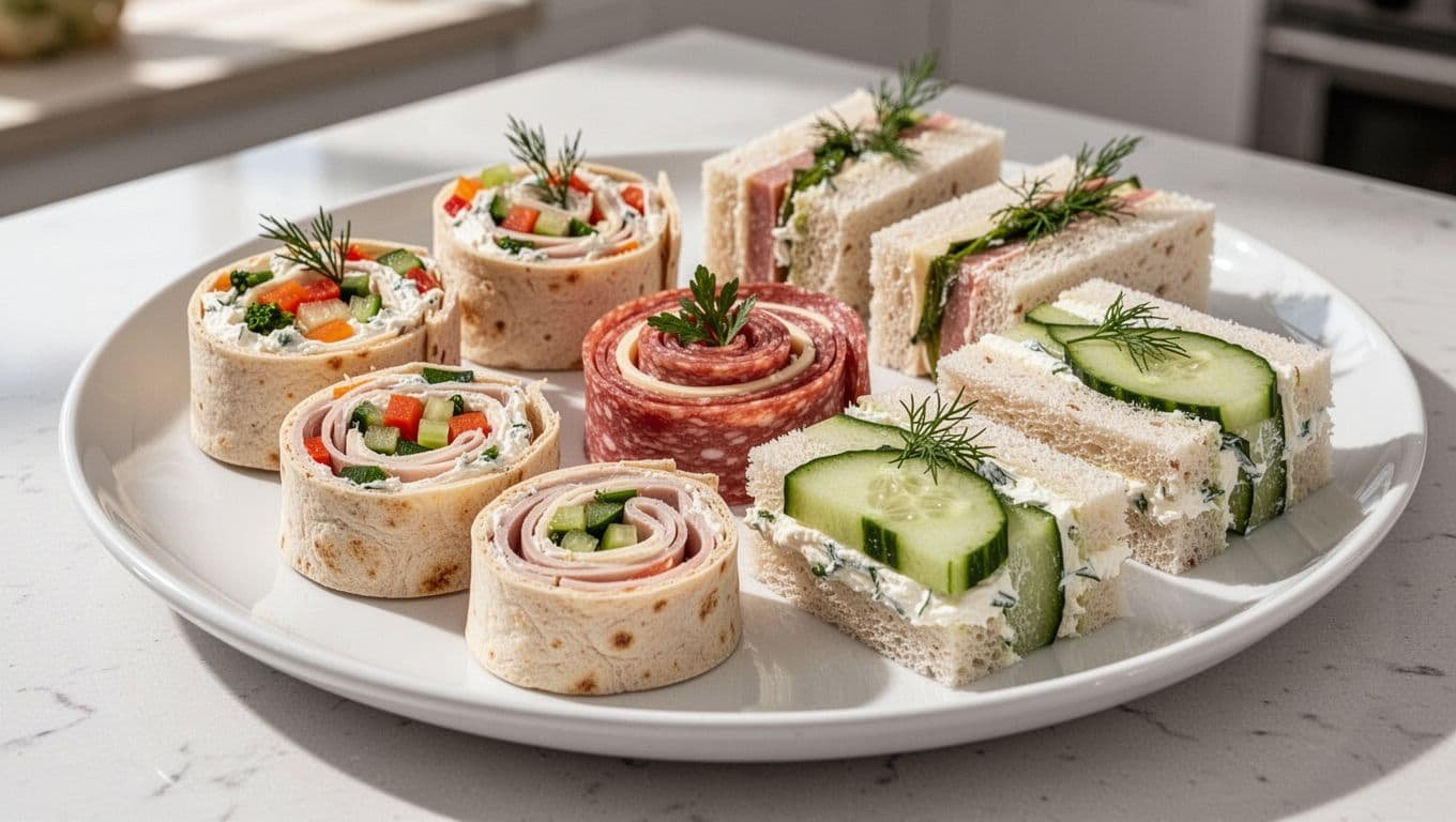 Sliced tortilla roll-ups with turkey veggies cream cheese, salami cheese pinwheels, and cucumber tea sandwiches arranged on white platter with herb garnishes.