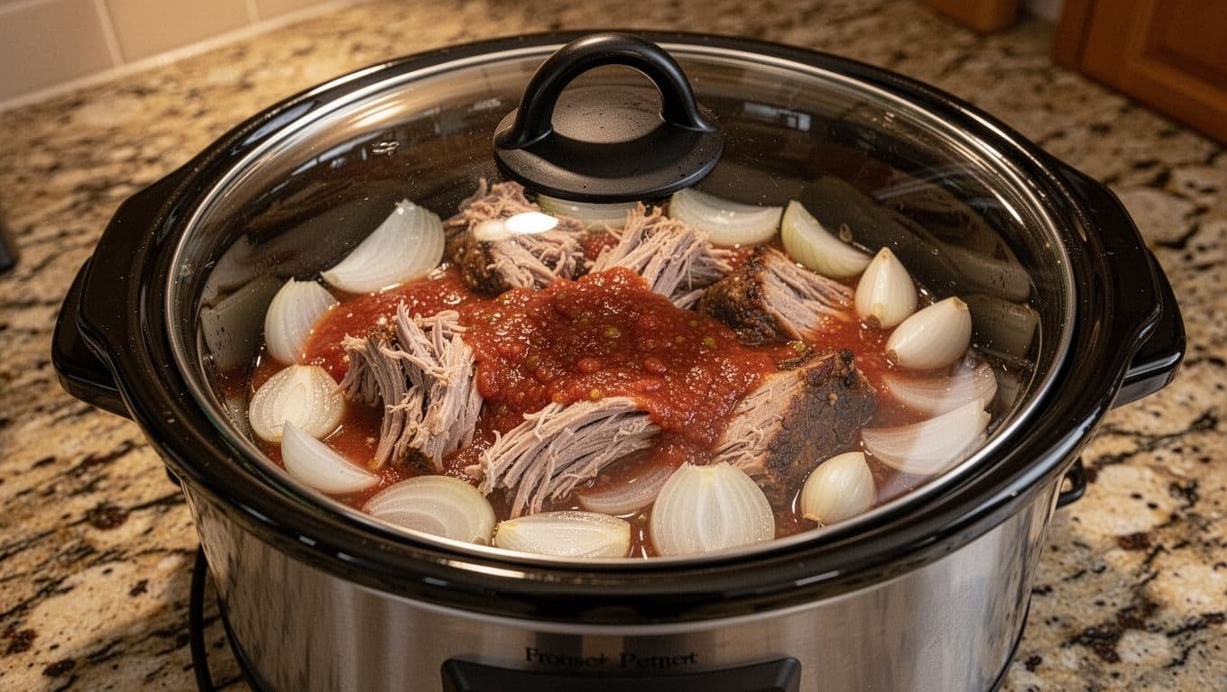 Slow cooker insert filled with pork chunks, sliced onions, garlic cloves, and red salsa, lidded and plugged in on granite counter.