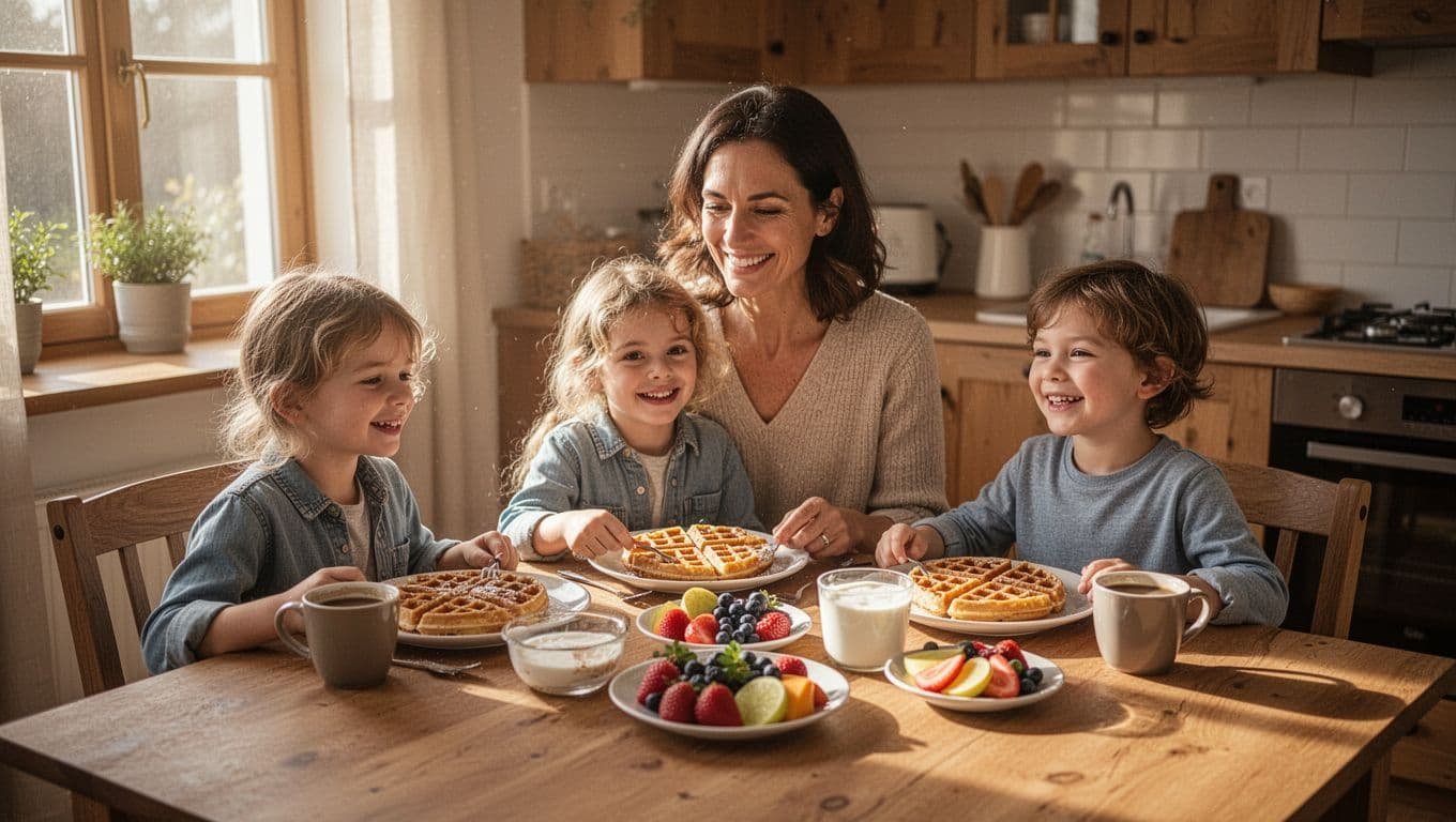 Mom and two young kids eat waffles, fruit, yogurt, and coffee at wooden kitchen table in morning sunlight.