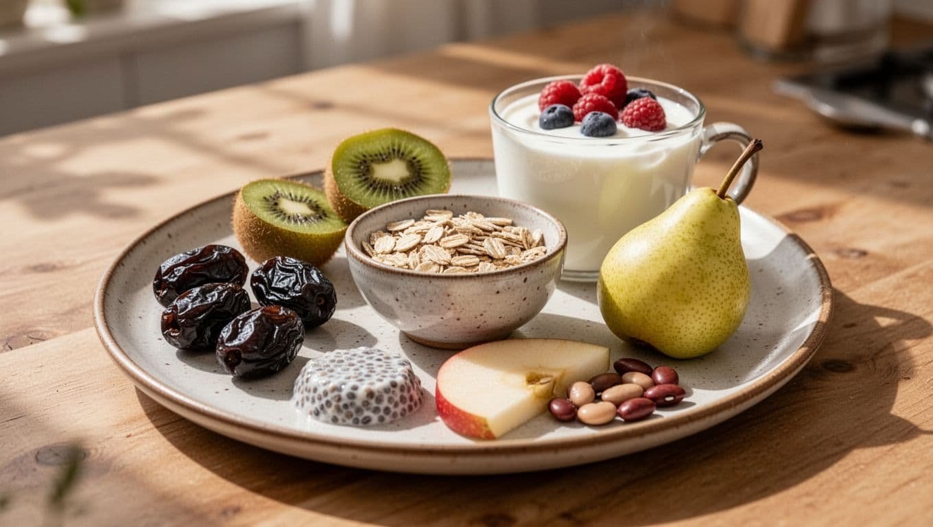 Plate on kitchen table with tiny servings of prunes, sliced kiwi, oatmeal, chia pudding, apple slice, pear quarter, beans, and berry yogurt in morning light.