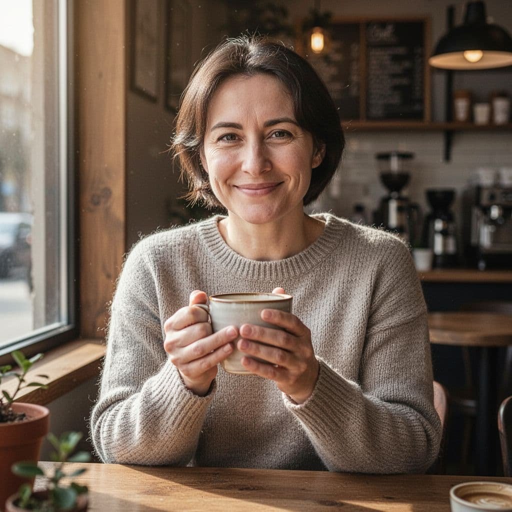 Person with gentle smile sits in well-lit coffee shop holding ceramic mug with both hands.