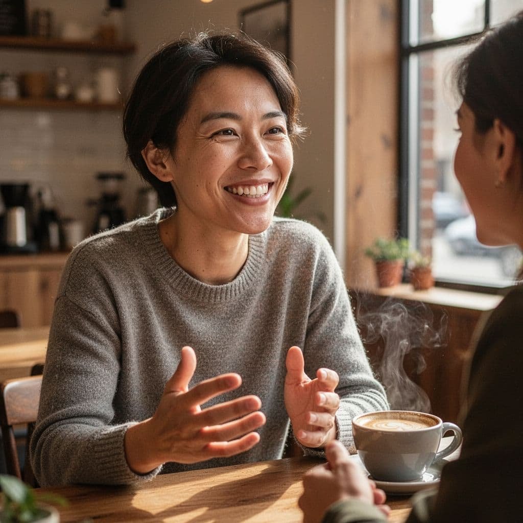 Close-up of a smiling person intently engaged in a conversation in a cozy coffee shop with soft natural light.