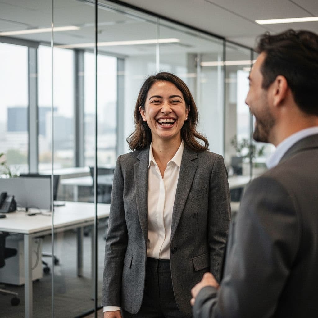 Professional with warm smile talks to coworker in modern office.