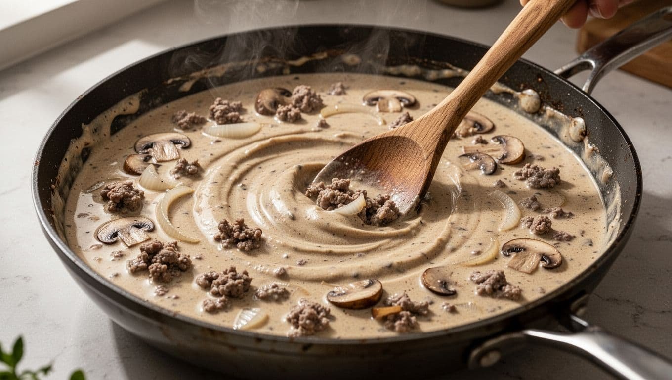 Closeup of large skillet with smooth creamy beige stroganoff sauce simmering, bits of browned beef, onions, mushrooms, wooden spoon stirring.