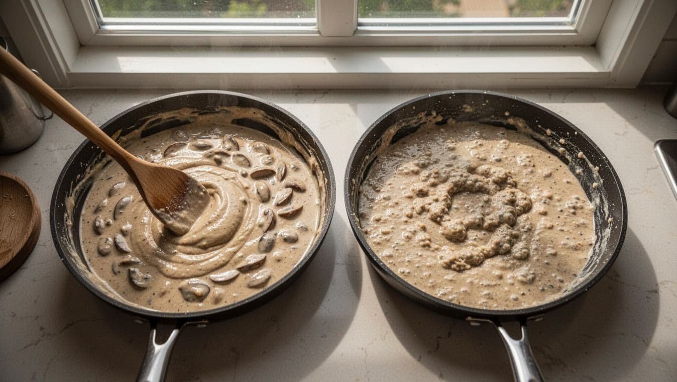 Top-down kitchen view of two skillets side-by-side: left holds smooth creamy beige sauce with wooden spoon, right shows grainy curdled sauce.