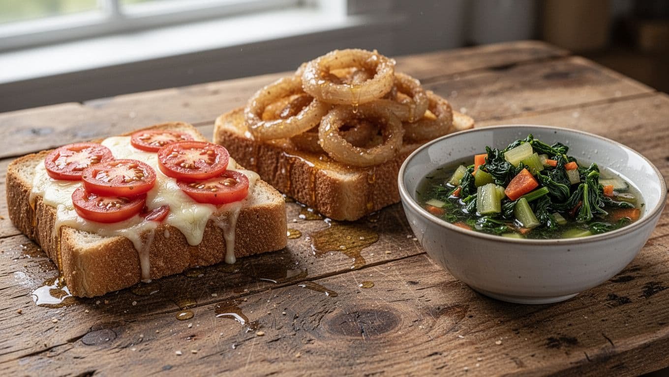 Limp toast with wet tomatoes and cheese, greasy onion rings, watery wilted vegetables on wooden table.