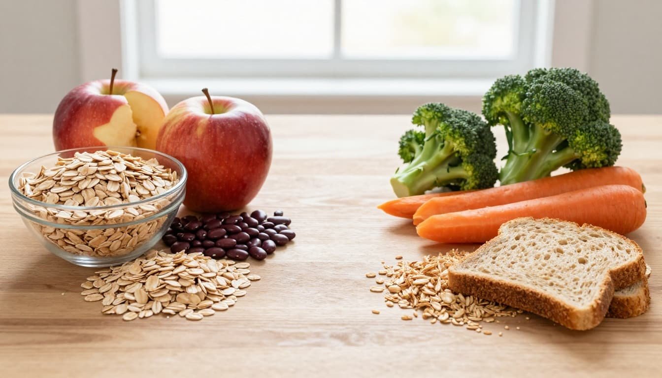 Wooden table with soluble fiber foods&mdash;oats, apples, beans&mdash;on left and insoluble&mdash;bran, broccoli, carrots, bread&mdash;on right.