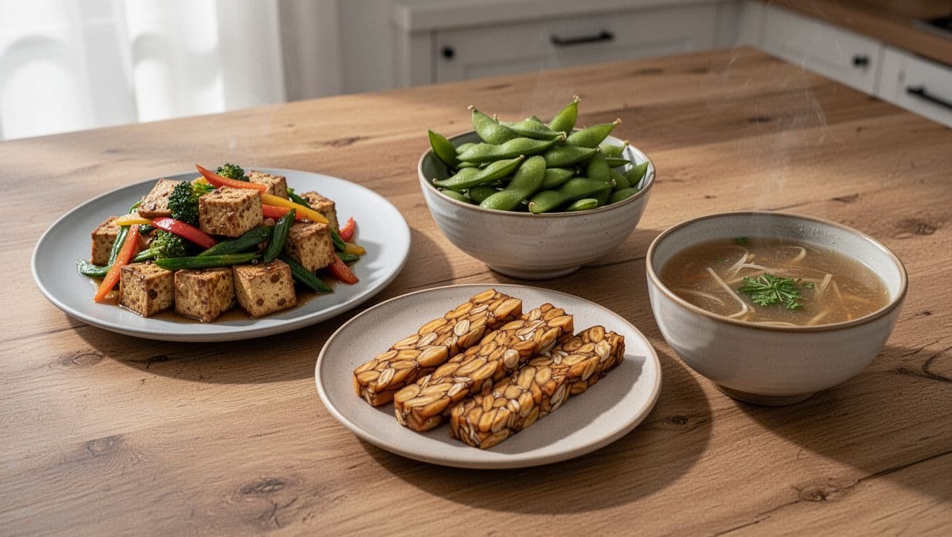 Stir-fried tofu cubes with vegetables, shelled edamame, sliced tempeh, and miso soup on plates atop wooden table.