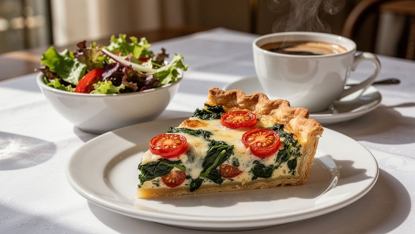 Slice of golden quiche with spinach, cheese, and tomatoes on plate beside salad and coffee cup.