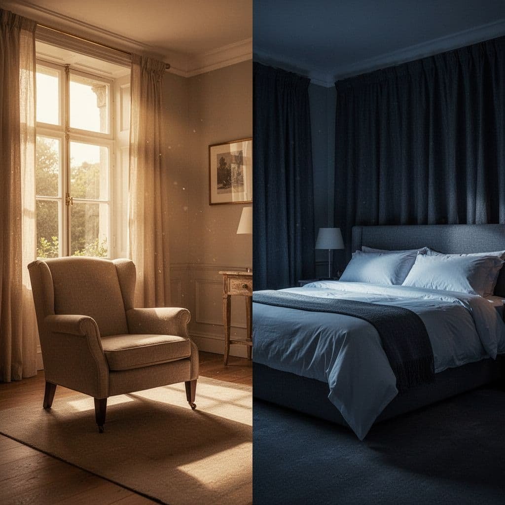 Split-screen bedroom: sunlit chair in afternoon light left, curtained bed in dim cool tones right.