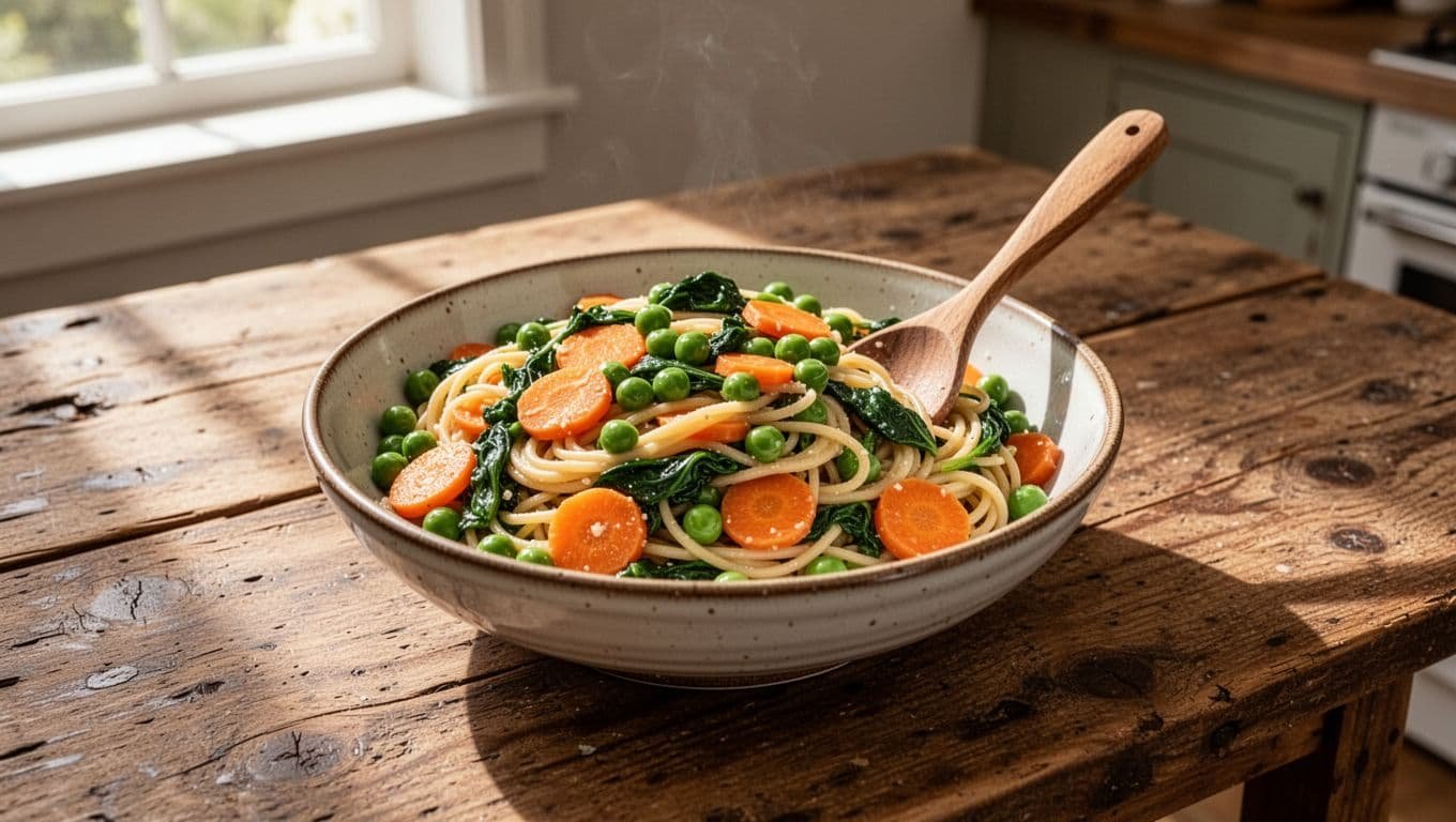 Bowl of colorful pasta with peas, carrots, spinach in light sauce, wooden spoon, on rustic table.