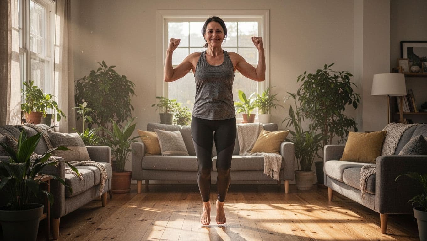 Adult performs jumping jacks in cozy living room with morning light through window and plants in background.