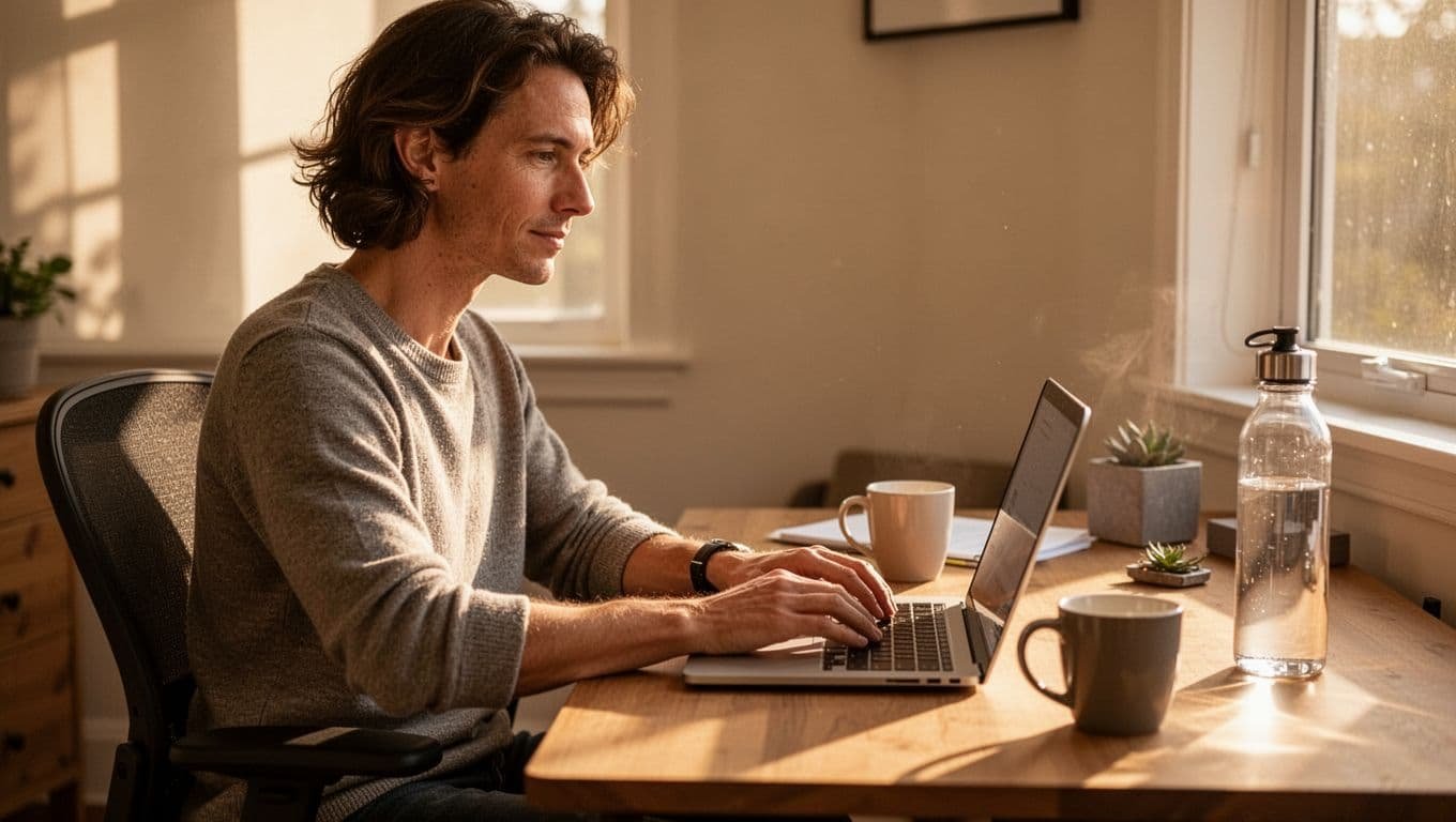 Person in 30s sits relaxed at home desk, focused on laptop with coffee, water bottle nearby, natural window light.