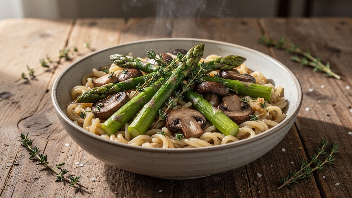 Steaming bowl of pasta topped with sliced asparagus, brown mushrooms, and thyme sprigs on rustic wooden table.