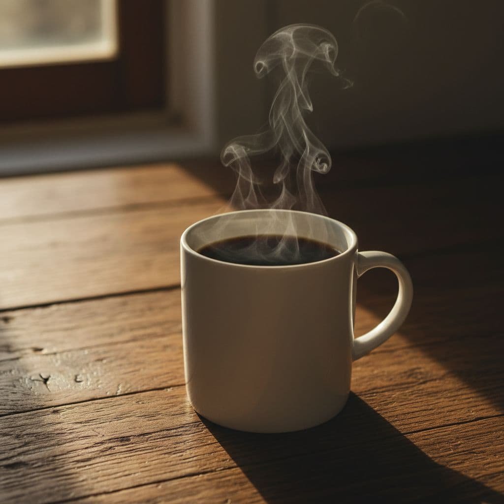 A steaming mug of black coffee rests on a rustic dark wooden table under dramatic sunlight.