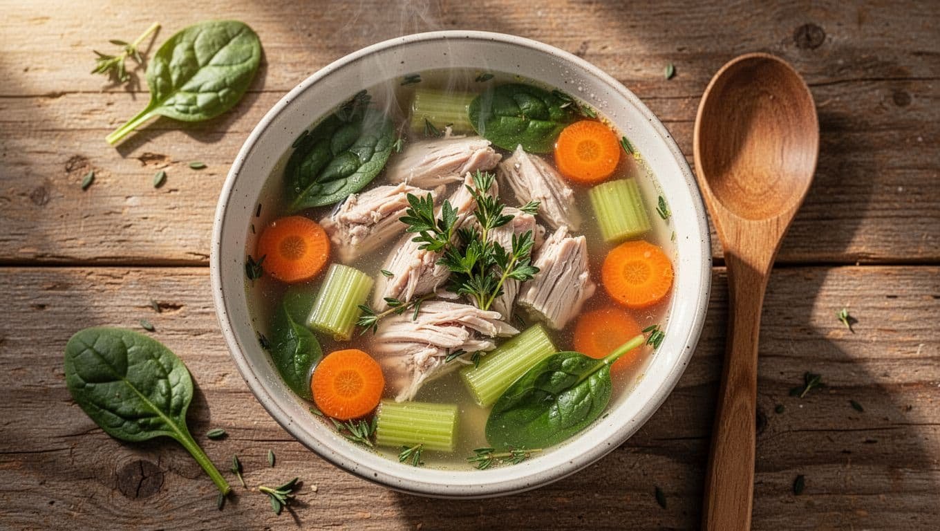 Overhead view of steaming bowl of chicken vegetable soup with carrots, celery, spinach, herbs on rustic wooden table with spoon.