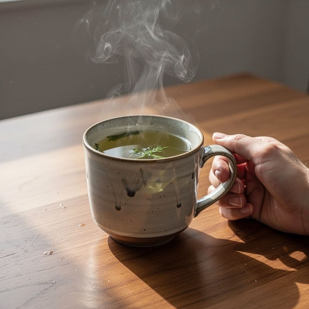 Close-up of steaming ceramic mug of green tea on wooden table with morning sunlight and nearby hand.