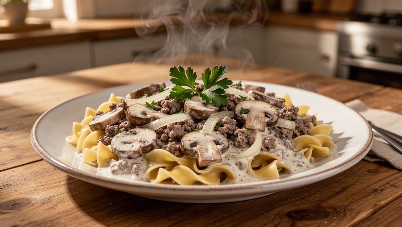 Steaming plate of ground beef stroganoff with mushrooms, onions, creamy sauce over egg noodles, parsley garnish on wooden table.