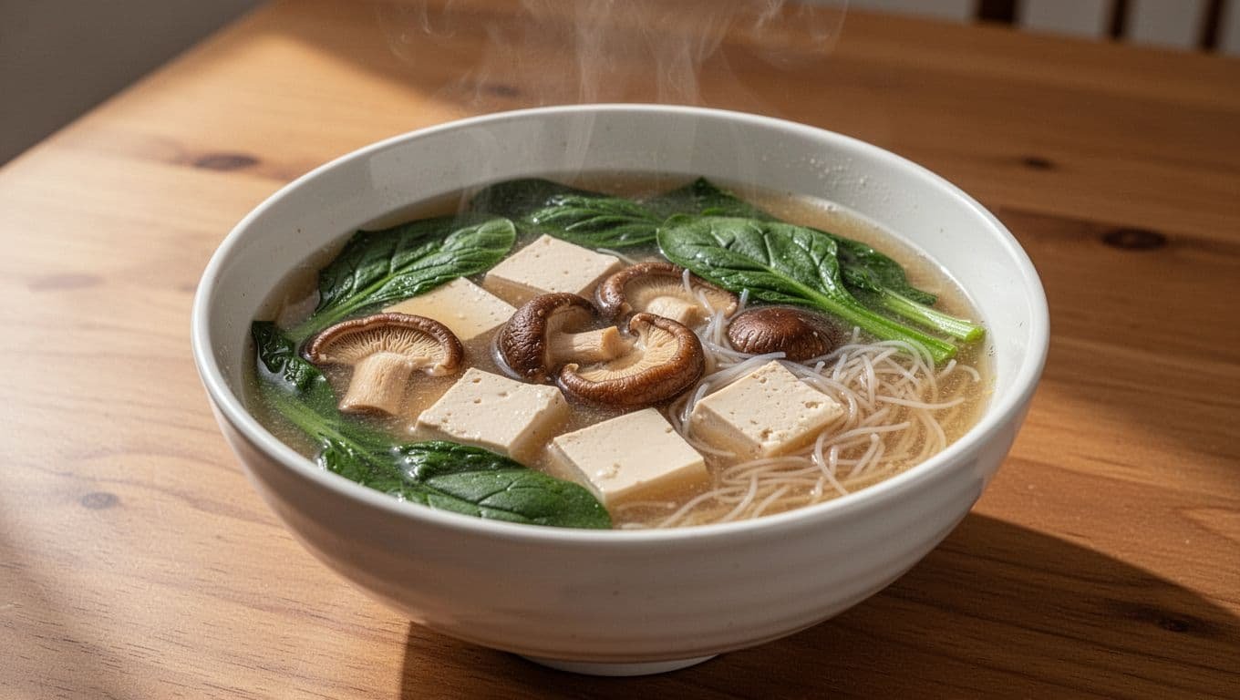 Steaming white ceramic bowl of miso soup topped with tofu cubes, shiitake mushrooms, spinach leaves, and rice noodles on wooden table.