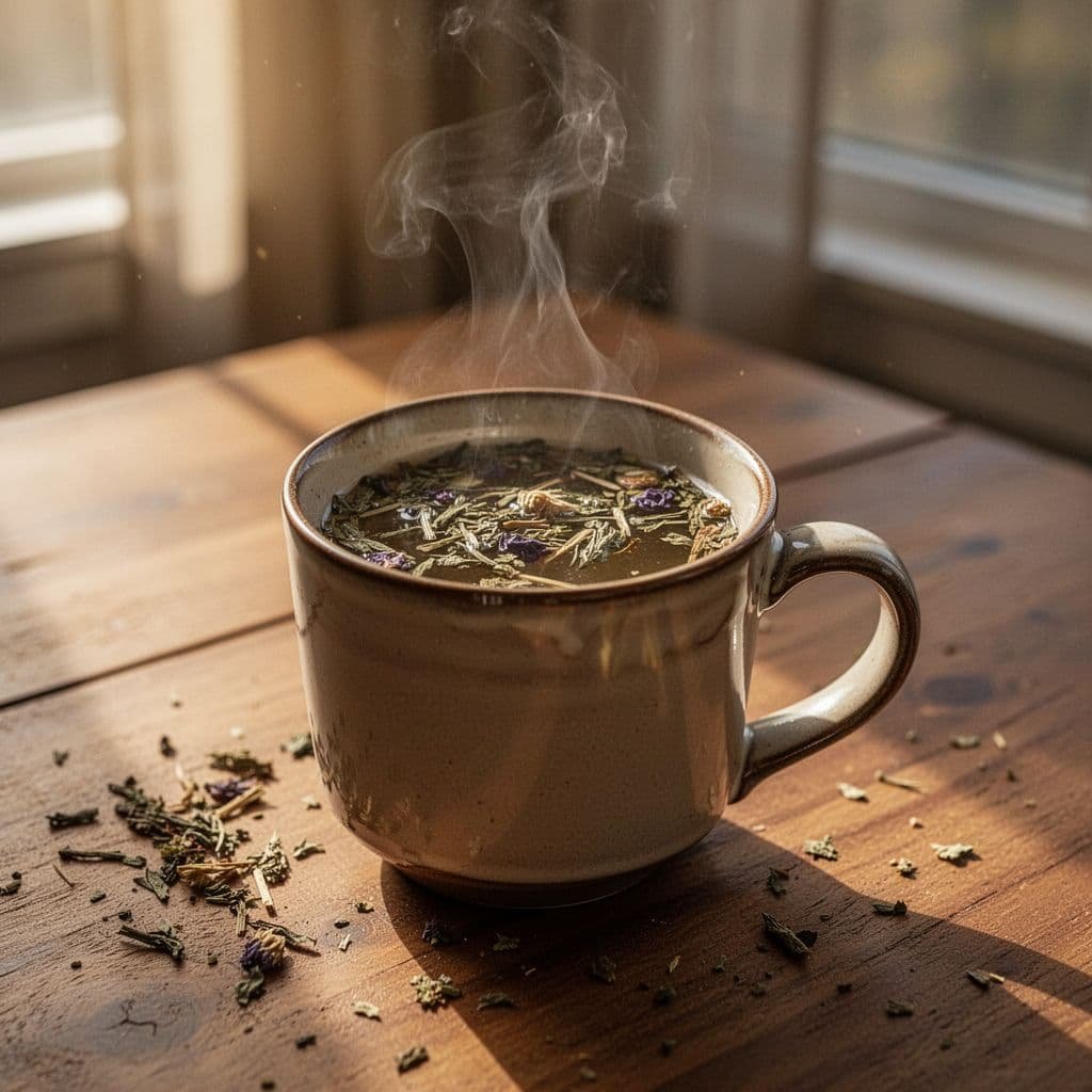 A steaming ceramic mug of herbal tea rests on a wooden table in soft morning light.