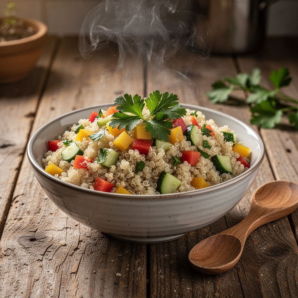 Steaming bowl of quinoa topped with vegetables and herbs on a table, wooden spoon beside it.