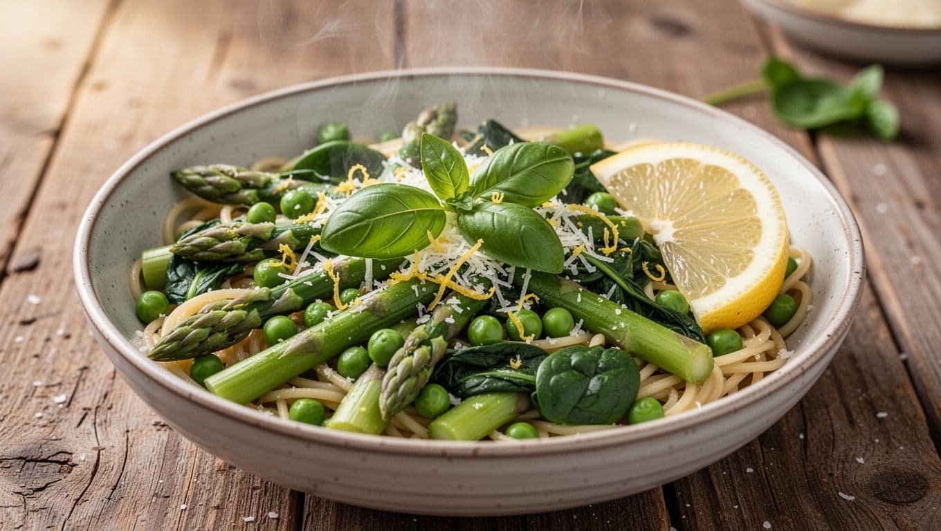 Steaming bowl of pasta with asparagus tips, peas, spinach, topped with basil, lemon zest, Parmesan on wooden table.