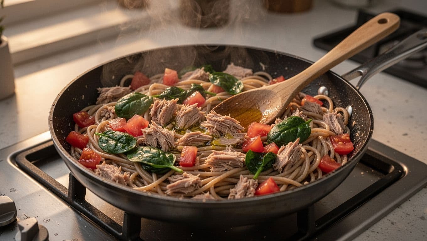 Steaming skillet of whole wheat pasta with tuna chunks, diced tomatoes, spinach, and olive oil on stovetop.