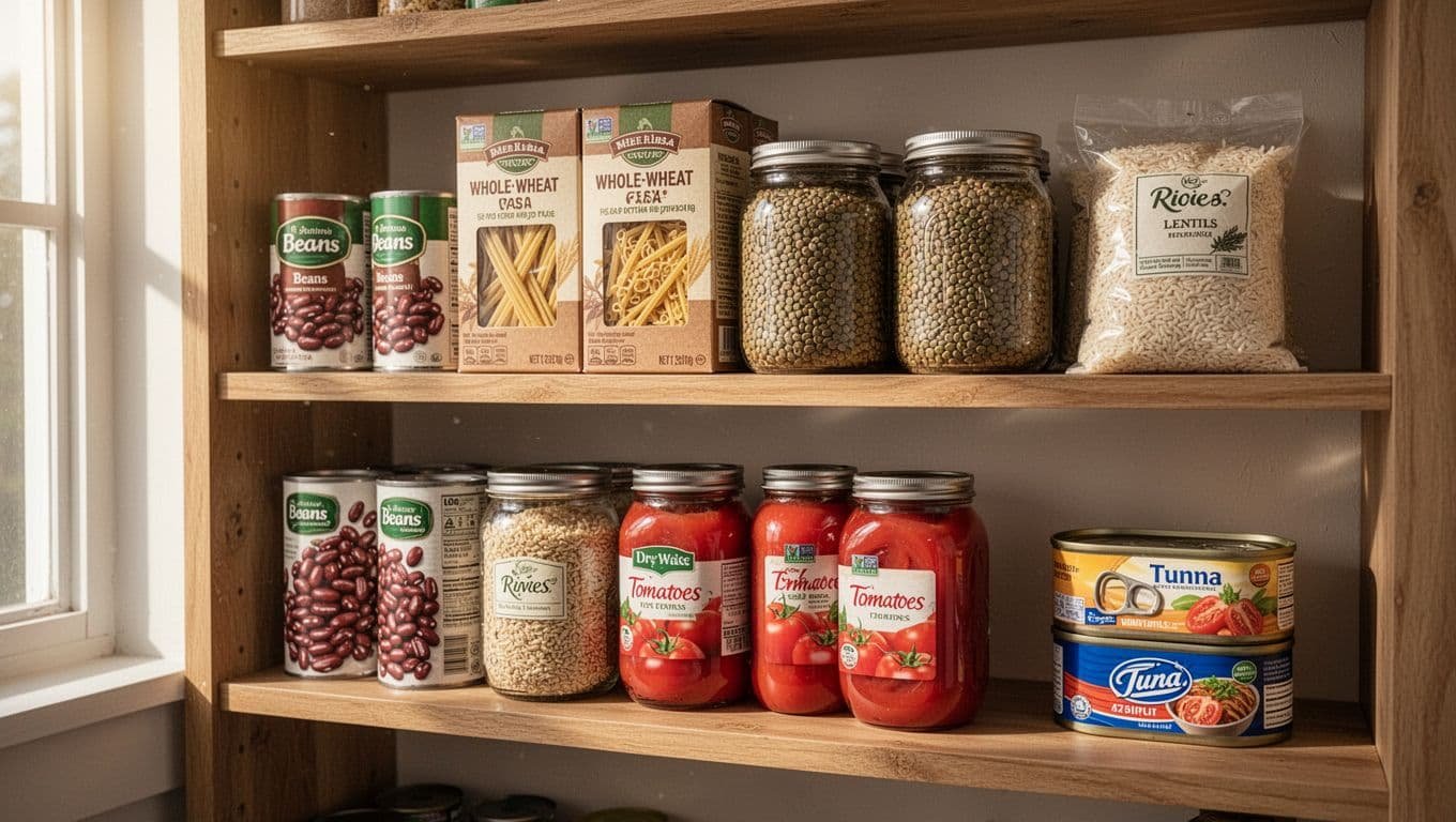 Wooden pantry shelf with canned beans, pasta boxes, lentil jars, rice bags, tomatoes, and tuna cans in natural light.