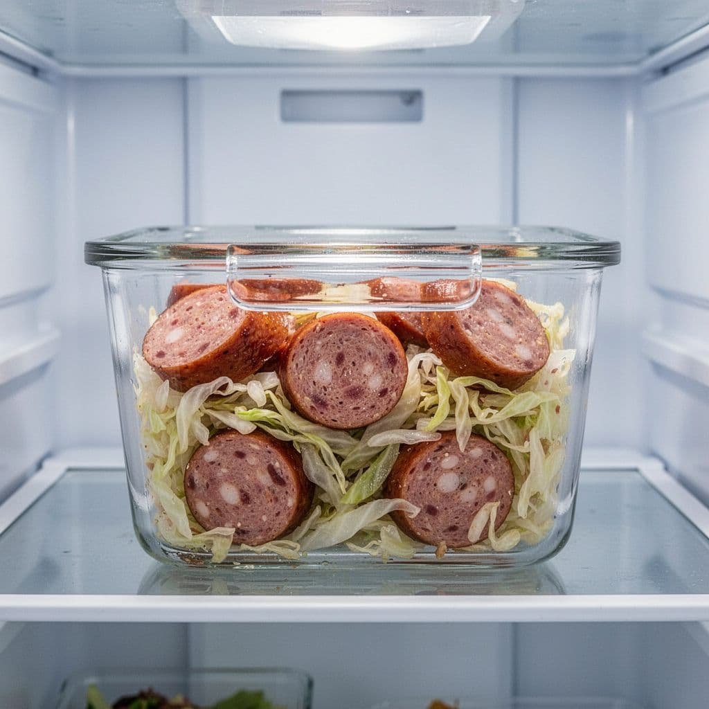 A glass storage container holding cooked kielbasa and cabbage sits inside a brightly lit refrigerator.