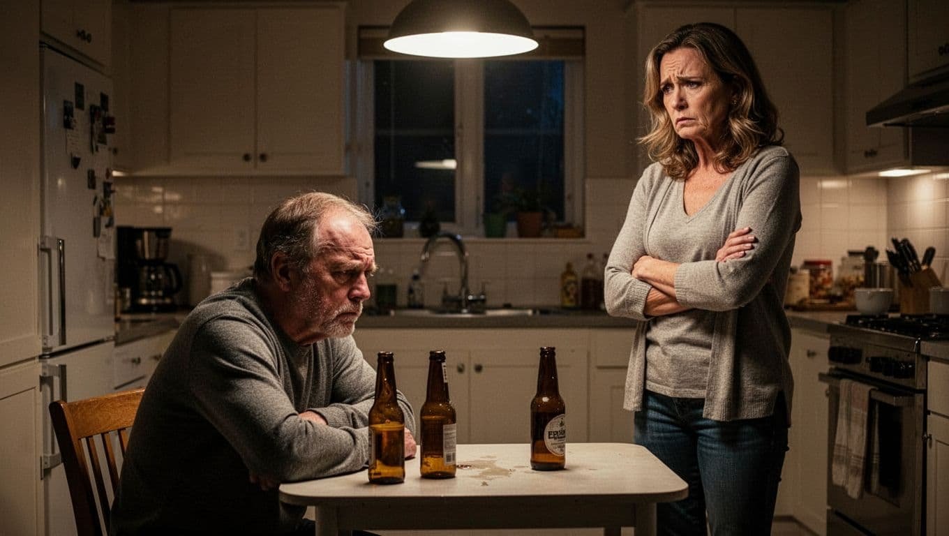 Middle-aged husband slouches ashamed at kitchen table with empty beer bottles; worried wife stands arms crossed facing him under dim light.