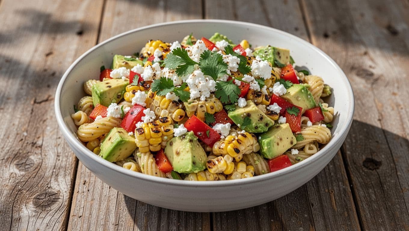 Bowl of street corn pasta salad with grilled corn kernels, red bell peppers, avocado chunks, goat cheese, cilantro on wooden surface.