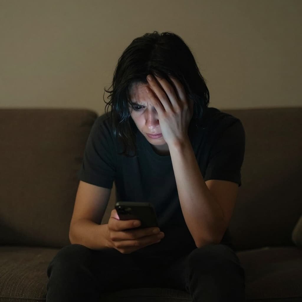 A person sits alone on a dimly lit couch, gripping a phone with both hands, face etched with stress and anxiety.