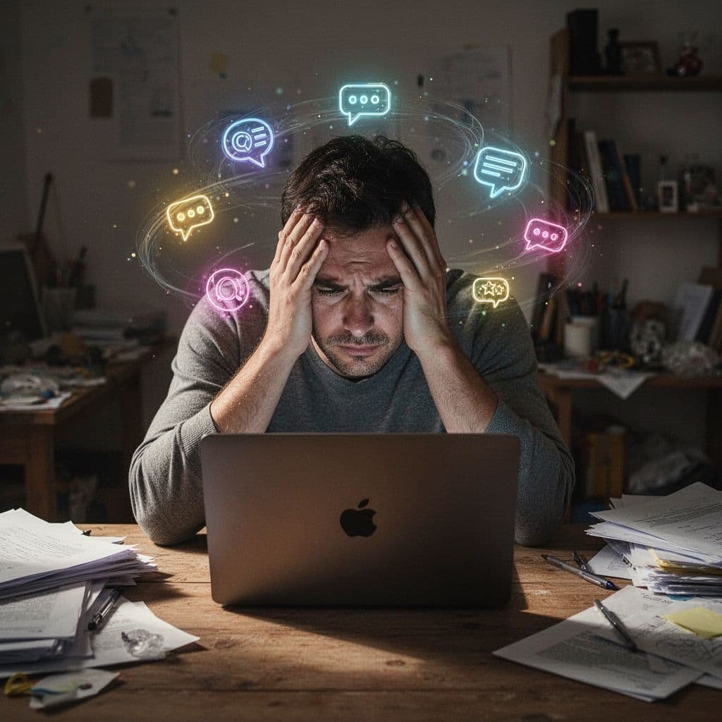 Stressed person at table with laptop, head in hands, glowing notification icons hovering around head in dim cluttered room.