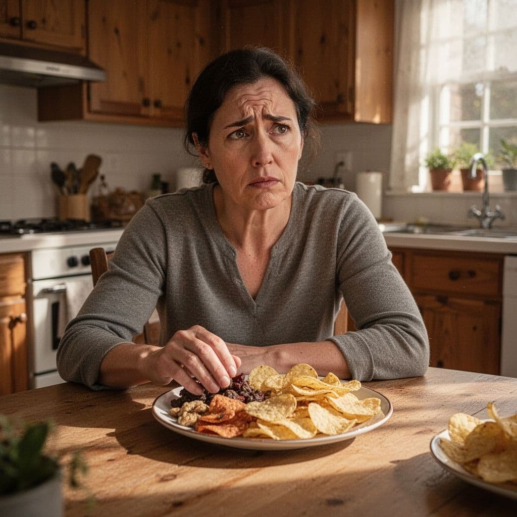 Person sits at kitchen table with snacks, looking thoughtful and stressed.